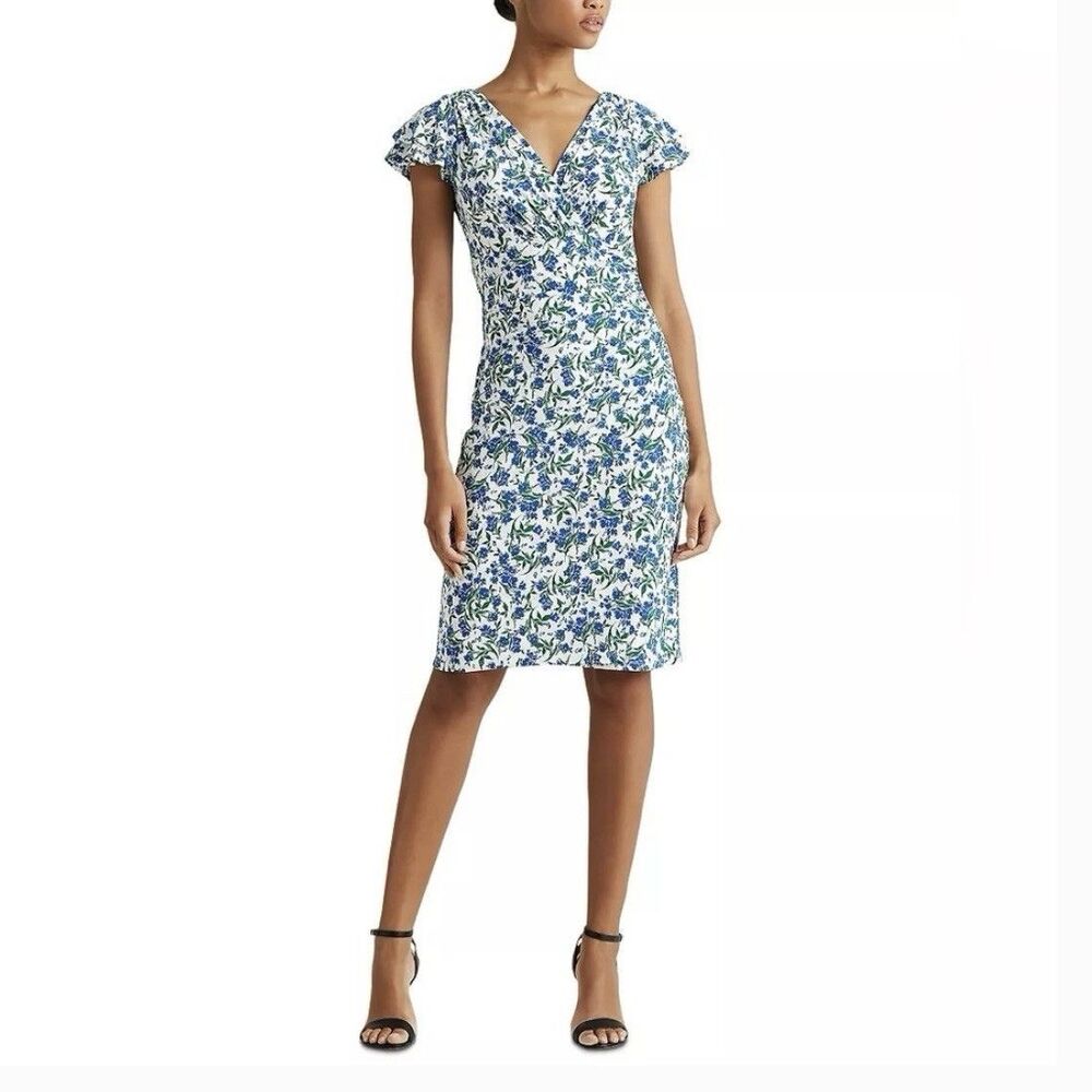 Ralph Lauren Jersey Flutter Sleeve Floral Dress Cream Blue Green Size 18